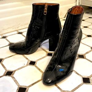Black patent leather booties. Gently worn!